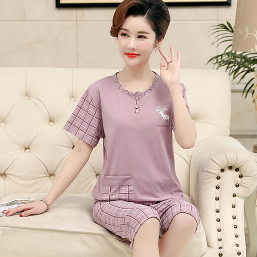 Langsha (langsha) middle-aged mother pajamas for women in summer thin pure cotton short-sleeved cropped pants middle-aged and elderly people's home clothes plus size suit Watermelon red YMY-3937 M [recommended 80-100Jin [Jin equals 0.5 kg]]