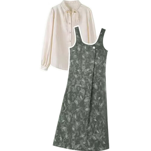 Geman Maternity Dress Spring and Autumn 2025 Fashion New Chinese Style National Style Loose Belly Covering Large Size Maternity Suspender Skirt Two-piece Set Suspender Skirt + Shirt M