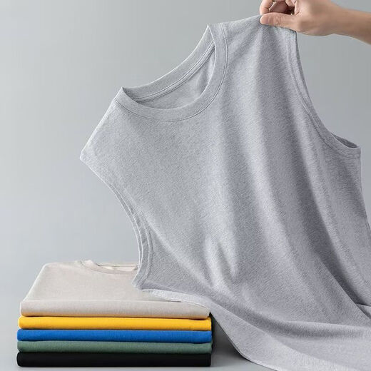 2025纯色坎肩打底衫男纯白圆领薄款无袖T恤休闲运动背心上衣 坎肩-140-雾蓝 2XL