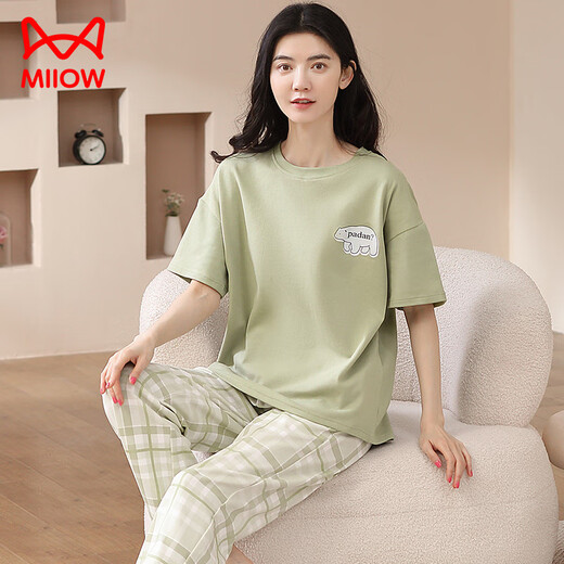 猫人（MiiOW）2025年新款睡衣女春夏纯棉短袖长裤夏天薄款全棉可外穿家居服套装 687 M