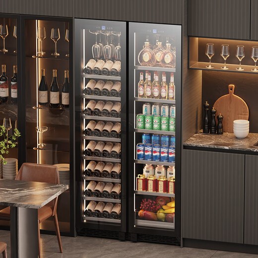 Baikelen double-door wine cabinet with constant temperature and humidity double-door light luxury ultra-thin seamless embedded home air-cooled frost-free villa tea beverage liquor wine fruit preservation refrigerated display cabinet 1.8 meters丨Dual temperature zone丨Red wine tea style丨 105 bottles Thick style