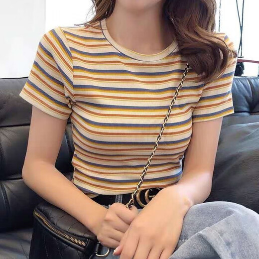 紫昕月【6172次回购】单/短袖恤女士2024夏季条纹针织修身圆领洋气百搭 黄色条纹 M 【建议90-100斤】紧身