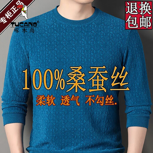 啄木鸟（TUCANO）桑蚕丝长袖t恤男士夏季新款中青年宽松休闲秋季圆领卫衣打底衫男 白色1105 高档蚕丝T恤 L 50/170120-135斤