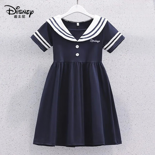 迪士尼（DISNEY）女童海军学院风连衣裙夏季短袖新款洋气儿童女孩夏装薄款裙子 蓝色 学院裙子7029 110