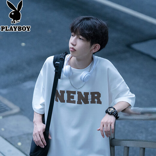 Playboy short-sleeved T-shirt men's teenager summer pure cotton heavy loose half-sleeved clothes American fashion brand trendy T-shirt 9201 white M