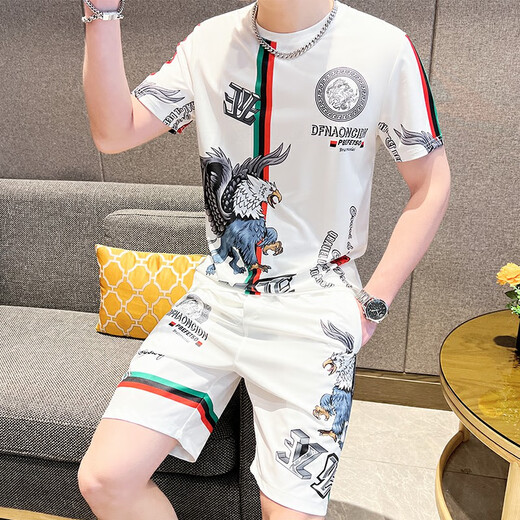 Pierre Cardin Light Luxury European Silk Silk Camiseta Shorts Shorts Suites para hombres Summer 2025 Nuevo conjunto casual y versátil de dos piezas 826 White Set M 85-100Jin [Jin es igual a 0.5 kg]