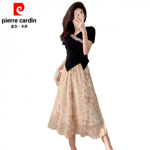 
Pierre cardin new Chinese style V-neck splicing suit contrasting lace top slim T-shirt women's belly-covering irregular skirt suit 838 S recommended 85-95Jin [Jin equals 0.5 kg]