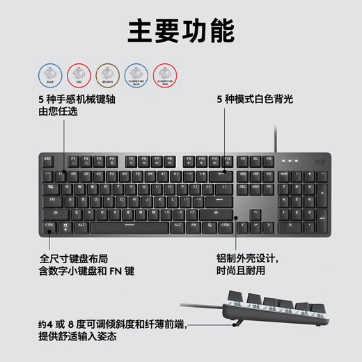 Logitech K845 Mechanische Tastatur Kabelgebundener Tastatur Gaming Office Tastatur 104 Taste in voller Größe Ein hellschwarzer K845 -TTC -Rotachse in voller Größe