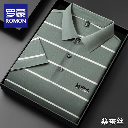 Romon (Romon) camiseta de manga corta de seda de seda de mulberry para el verano de los hombres, nuevos delgados polo de la solapa de rayas de mediana edad de mediana edad.