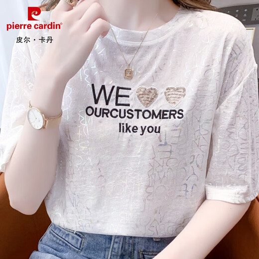 皮尔卡丹（pierre cardin）短袖t恤女夏季新款欧货宽松休闲百搭时尚外穿烫金设计感上衣 6227#白色 S 建议80-99斤