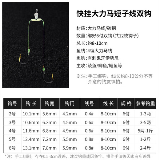 Huliqiang quick-hook ultra-short sub-line double hook Dalima 8cm finished anti-winding mud carp Meizhou fishing method Iseni fish hook quick-hook short sub-line double hook Iseni 5#/6 pay