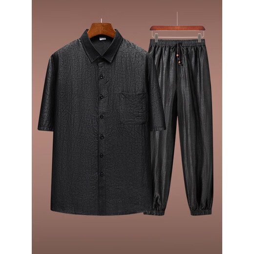 Hua Jiuqing Style chinois Cloud parfum Cloud sao chemise Men Cloud Pustrant SAO Shirt Men Summer Silk Mulberry Mulberry Silk Top Abel Merchant Black Costume (avec 9226 pantalons de ceinture) 4xl recommandé 175-185Jin [Jin est égal à 0,5 kg]