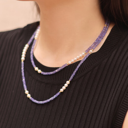 LZJV lavender color high quality tanzanite 5mm aurora round freshwater pearl necklace 18k gold 42cm