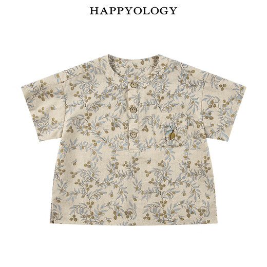 Happyology British children's new spring and summer round neck pocket embroidered boys' tops and girls' shirts with vine walnut branches - blue and gray (shorts) 110 (112cm)