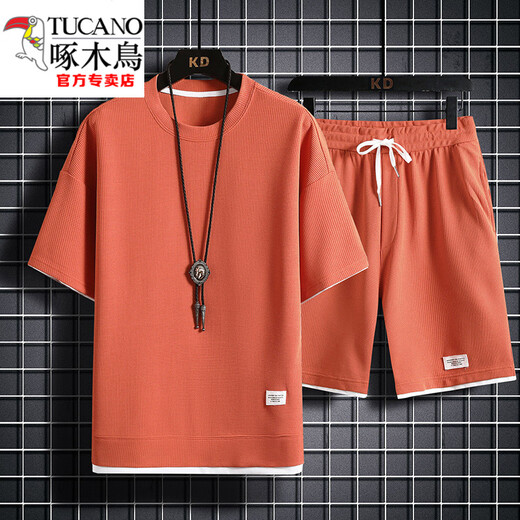 啄木鸟（TUCANO）重磅华夫格短袖T恤男夏季宽松大码运动短裤套装工作服圆领透气潮 829黑色【套装】 M 100-120斤