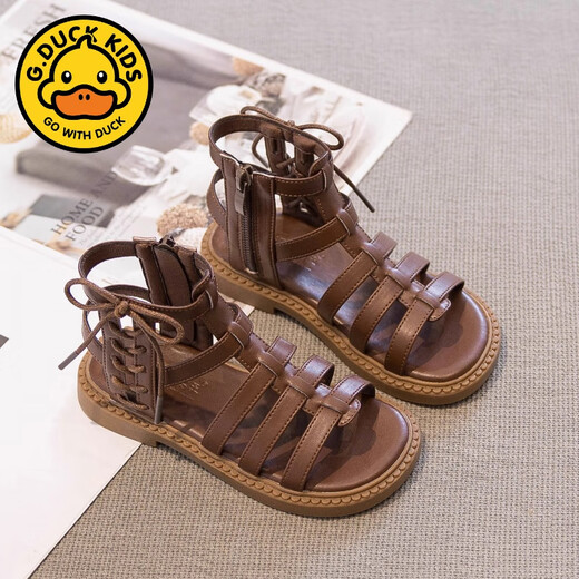 G.duck Girls Roman Sandals Open Toe 2025 Summer New Children's Shoes Beach Shoes Princess Style Big Girl Baby Beige 34 Inner Length 21.7cm