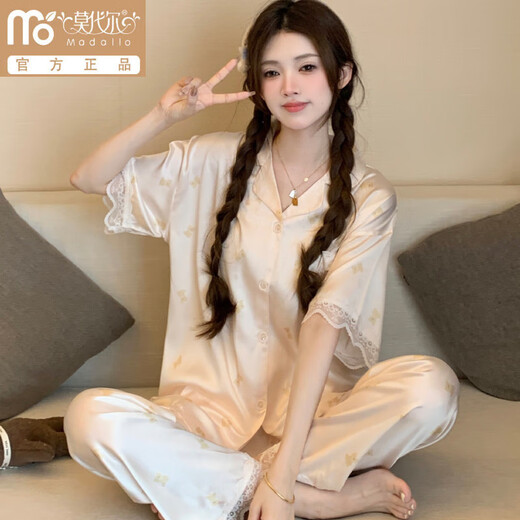 Pyjamas de soie de glace modale printanier et d'été pour femmes pantalons à manches courtes fines fleurs douces fleurs haut de gamme et lâches de vêtements d'extérieur en plein air yfy9905 # m [suggéré 80-100jin [Jin est égal à 0,5 kg]]]