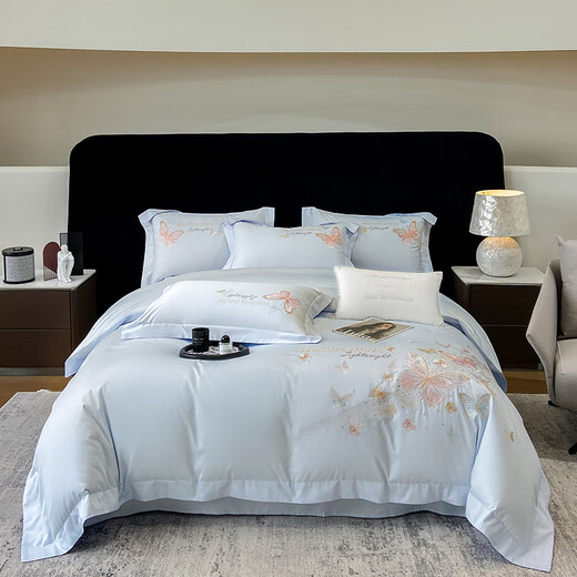 Mercury series light luxury and high-end sense 180-count satin long-staple cotton four-piece set 100% cotton pure cotton quilt cover 2025 new bedding 4 Class A maternal and infant grade pure cotton 100% Si-Sky Blue 1.8 Sheet Style Four-piece Set Quilt Cover 200*230