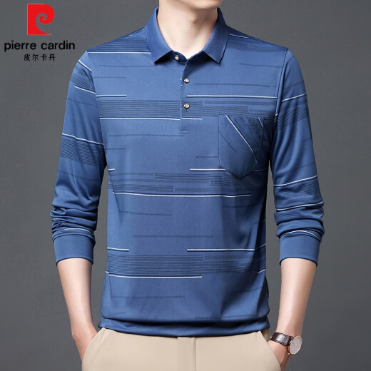 皮尔卡丹（pierre cardin）夏季冰丝男士t恤长袖春秋新款中老年休闲男装薄款爸爸有兜体恤衫 B753横条 蓝色 L 170/110/50
