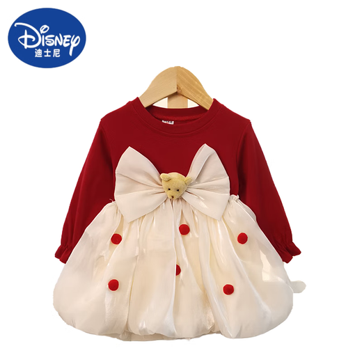 迪士尼（Disney）秋冬女宝宝周岁礼服公主裙加绒女童连衣裙秋装婴儿衣服洋气小裙子 4877红色 不加绒 80 cm ( )