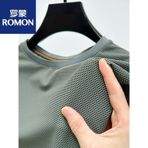 Romon Ice Silk Mesh T-Shirt Herren kurzärmelige runde Hals Sommer-Eis-Sensen-atmungsaktives, schweißabsorbierend