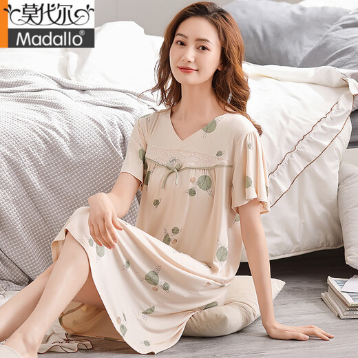 莫代尔睡裙女夏季薄款短袖大码中年妈妈睡衣夏天V领长款居家裙子 Q3527 M