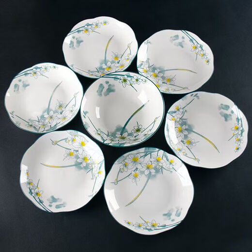 Chinese-style ceramic bowl and dish, high-end lotus leaf mouth dish, resistant to high temperature and does not fade, 8 inches in diameter, grass green, daffodil 8-bucket soup bowl, 1 pack