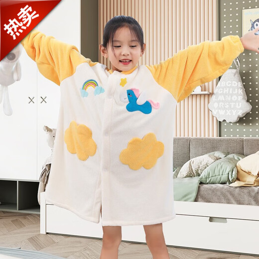 Baifei bath towel can be worn and wrapped around boys and girls bath skirt cloak long-sleeved water-absorbent quick-drying non-pure cotton water-absorbent children's bathrobe children's bathrobe-Rainbow Horse (small size) suitable for height