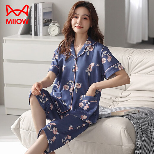 猫人（MiiOW）睡衣女夏季短袖七分裤开衫棉质翻领宽松大码休闲家居服套装可外穿 NX9871 M 女