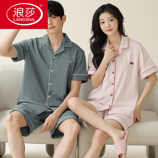 浪莎（LangSha）情侣睡衣夏季纯棉短袖短裤简约开衫可外穿男士女款全棉家居服夏天 X12707-12808# M 女款：