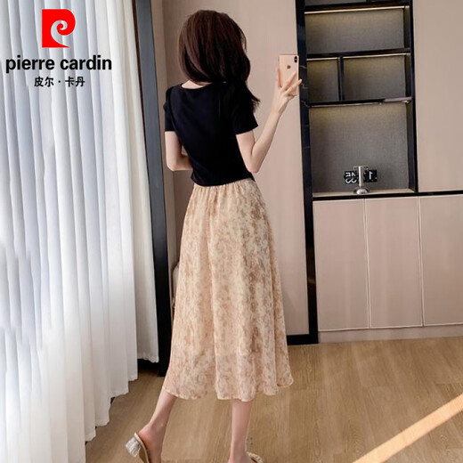 
Pierre cardin new Chinese style V-neck splicing suit contrasting lace top slim T-shirt women's belly-covering irregular skirt suit 838 S recommended 85-95Jin [Jin equals 0.5 kg]