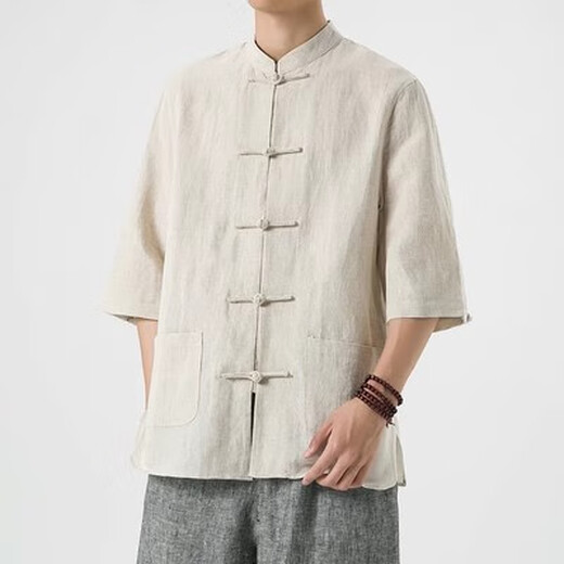 
Yu Zhaolin summer Chinese style linen short-sleeved Tang suit men's retro five-point sleeve Hanfu cotton linen lay Buddhist suit large size half-sleeved tea suit khaki thin style YM001 2XL [150-165Jin[Jin equals 0.5 kg]]