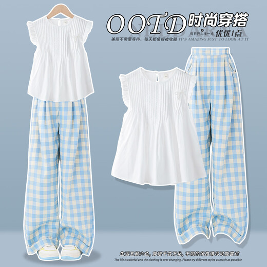 优优1点（Yoyo one）女童夏装套装2025年新款儿童夏日穿搭森系甜美中大童夏季无袖背心 9992白色+15266蓝色 170 170cm
