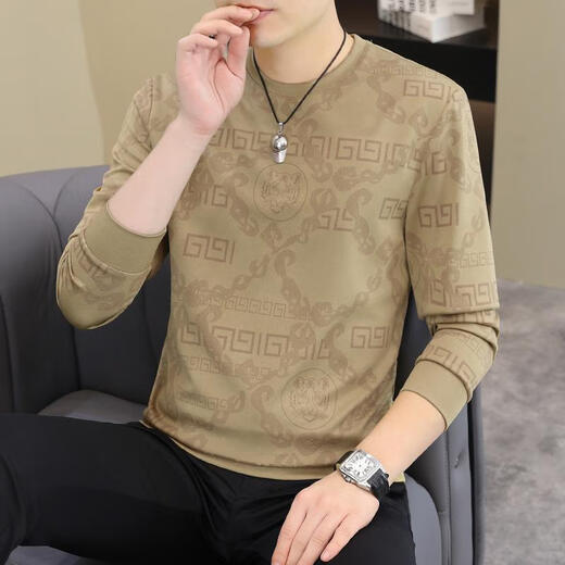 Romon 2025 autumn and winter new men's long-sleeved T-shirt European fashion men's handsome fashionable sweatshirt plus size base shirt T-shirt [Spring and autumn thin style] 6628 khaki M 90-115 Jin [Jin equals 0.5 kg]