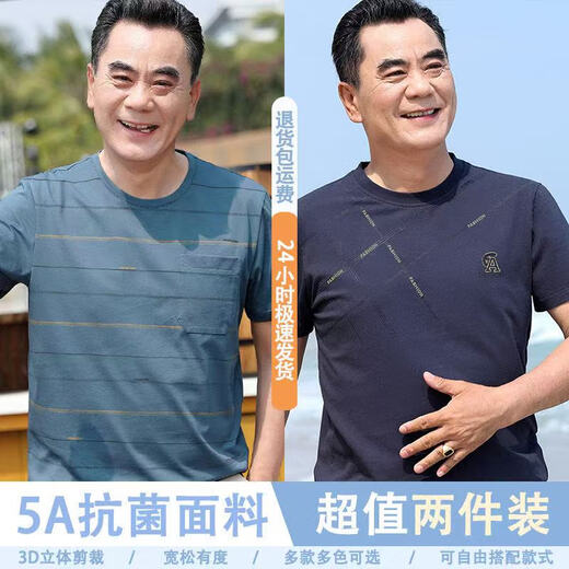 啄木鸟（TUCANO）父亲节爸爸夏装短袖t恤男中年男士圆领体恤衫中老年男装薄款上衣 698青灰+690咖色 L 【适合110-130斤】