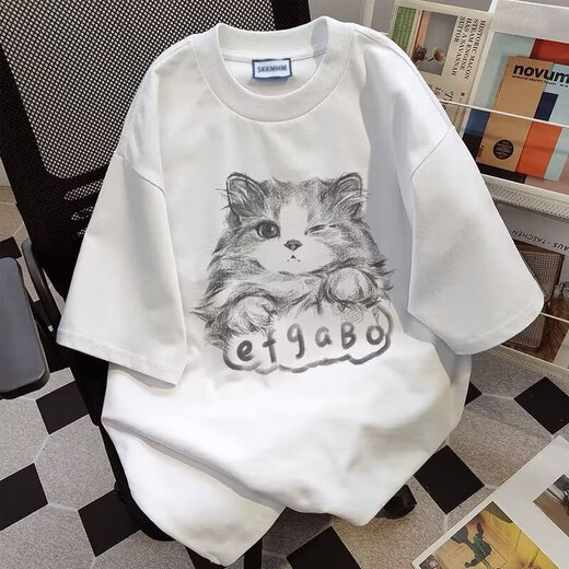 Bunte Edelsteine ​​schwere runde Hals weiße Katze gedrucktes kurzärmeliges Hemd für Männer und Frauen Sommer Trendy American Ehepaar Loose Fünf-Punkte-Hülle Top 1416 White Grey L.