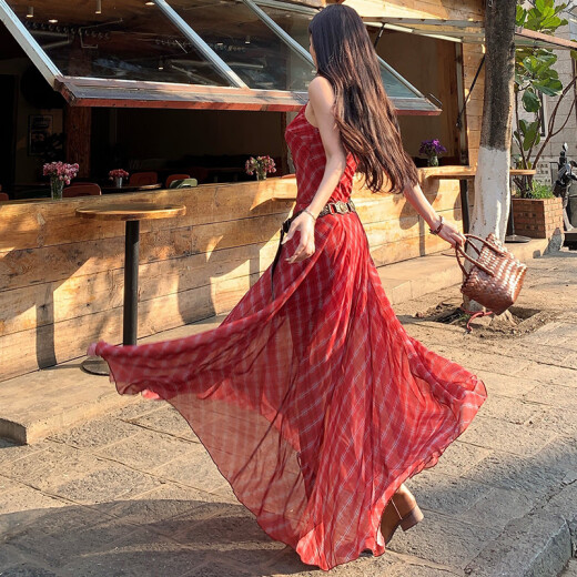 Con el temperamento casual del estilo europeo y de la Diosa M, la cintura es delgada de suspensor a cuadros rojo y empalmado para mujeres estilo Hong Kong Vestido de cintura alta 9734 Vestido a cuadros rojos S
