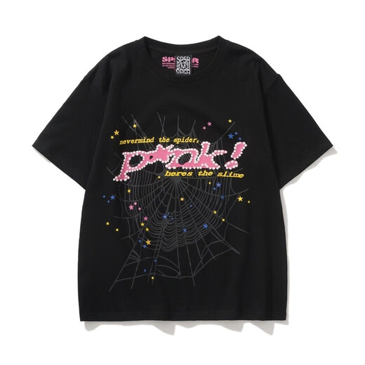 
Fadenjue American Sp5DER 555555 Summer foam spider web printing men and women couples loose casual short-sleeved T-shirt 6218# black (230g double yarn fabric) S