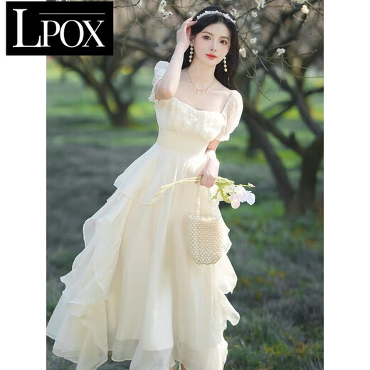 LPOX裙子女夏季2025新款甜美短袖连衣裙女气质仙荷叶边连衣裙女夏季 杏白 M