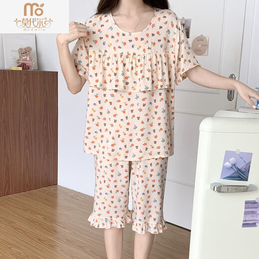 
Modal short-sleeved cotton silk pajamas for women in spring and summer new thin home clothes casual floral anti-convex dot large-size cotton silk set polka dot beige M2603 short-sleeved mid-sleeved pants L (suitable for 90115Jin [Jin equals 0.5 kg])