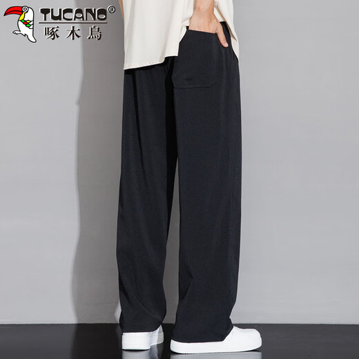 Pájaro carpintero (tucano) pantalones casuales para hombres para pantalones de verano para hombres delgados listos bordados bordados estilo chino pantalón de seda de seda con patas anchas negras xl