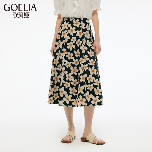 Gloria Skirt Wearing 2025 New High Waist Printed Skirt A-Line Skirt 1E5R2B140 1DD Black Gold Hand-painted Orange Flower M