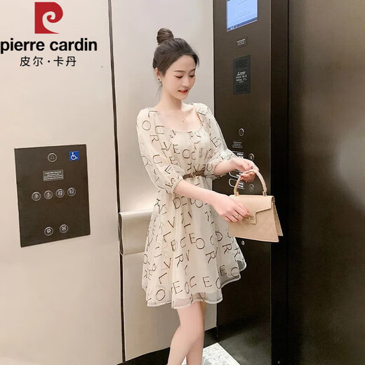 
Pierre cardin square collar chiffon dress for women summer 2025 new street-fried small person who reduces age and looks slim and waist-hugging mesh fairy skirt apricot color skirt 9435 first belt S