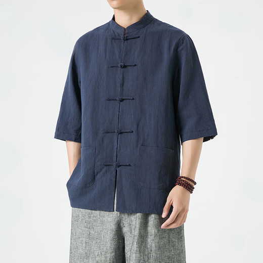 
Yu Zhaolin summer Chinese style linen short-sleeved Tang suit men's retro five-point sleeve Hanfu cotton linen lay Buddhist suit large size half-sleeved tea suit khaki thin style YM001 2XL [150-165Jin[Jin equals 0.5 kg]]