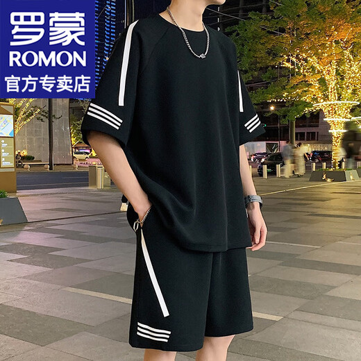 罗蒙（ROMON）港风短袖t恤男士夏季新款休闲运动套装宽松半袖男T上衣服男装 FKS653白色套装 L 约110-130斤可穿
