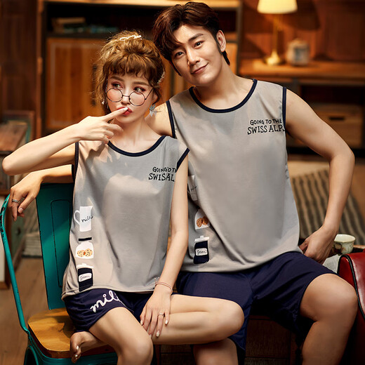 Hongdou (Hodo) Summer en coton pur couple pyjamas mince sans manches lâches hommes et femmes suspenders shorts de grande taille