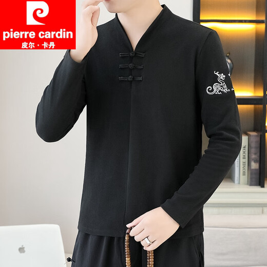 Pierre Cardin Männer mittleren Alters Chinesischer Stil Chinesischer Stil Langsamer T-Shirt Trendy Brand Stickerei Button Top Casual Tang Anzug Herbst und Winter Neues Deutsches Velvet [Vatertagsgeschenk] 9888 White [V-Ausschnitt] besticktes langärmlige M.
