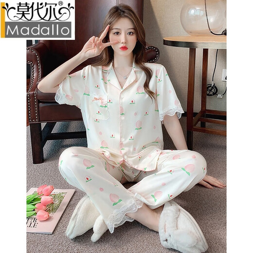 
Modal French Palace Style Women's Ice Silk Pajamas Women's Summer 2025 New Sweet Lace Outdoor Home Clothing YFY-9905 [Short Sleeve Long Trousers] L [100-120Jin[Jin equals 0.5 kg]]