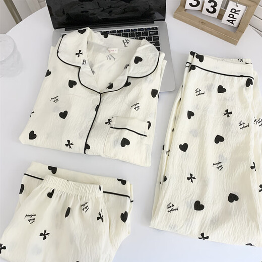 Jingpufei's new summer polka dot cotton gauze pajamas women's three-piece set comfortable home clothes Yunduo Cotton-9905# Black Love Three-piece Set M [Suggestion 75-100Jin [Jin equals 0.5 kg]]