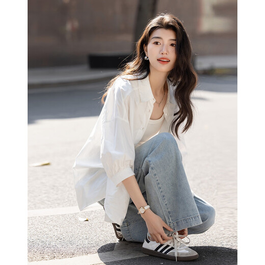 Demana pure cotton 100 white shirt, summer simple lapel, contrasting color buckle, five-quarter sleeve shirt, women's top